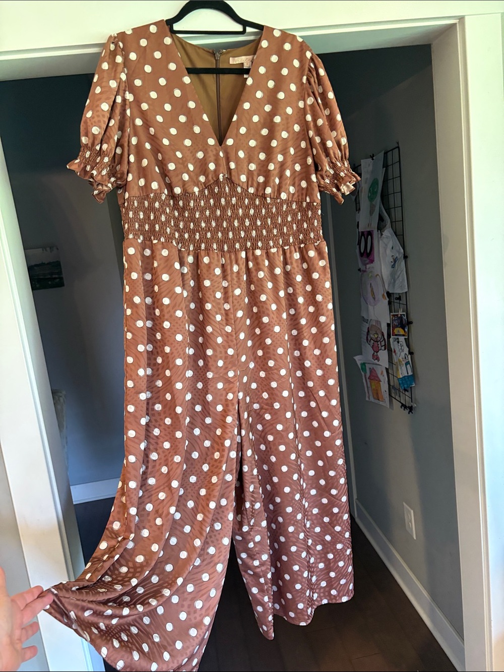 Hutch Brown and White Polka Dot Smocked Waist Jumpsuit